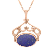 9ct Rose Gold Whitby Jet Lapis Lazuli Ornate Double Sided Oval Swivel Fob Necklace, P116_8.