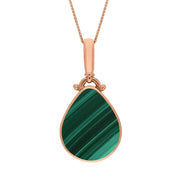 9ct Rose Gold Whitby Jet Malachite Double Sided Pear Fob Necklace, P056.