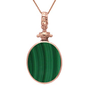 9ct Rose Gold Whitby Jet Malachite Double Sided Oval Fob Necklace, P100.