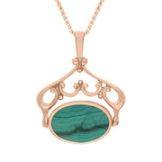9ct Rose Gold Whitby Jet Malachite Ornate Double Sided Oval Swivel Fob Necklace, P116_8.