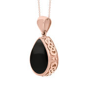 9ct Rose Gold Whitby Jet White Mother Of Pearl Double Sided Celtic Edge Pear Cut Fob Necklace, P410_3.