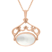 9ct Rose Gold Whitby Jet Mother Of Pearl Ornate Double Sided Oval Swivel Fob Necklace, P116_8.