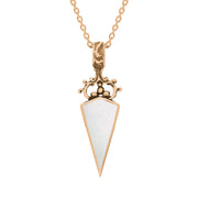 9ct Rose Gold Whitby Jet White Mother Of Pearl Double Sided Scroll Top Dagger Fob Necklace, P423.