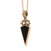 9ct Rose Gold Whitby Jet White Mother Of Pearl Double Sided Scroll Top Dagger Fob Necklace, P423_3.