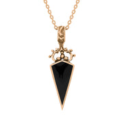 9ct Rose Gold Whitby Jet White Mother Of Pearl Double Sided Scroll Top Dagger Fob Necklace, P423_2.