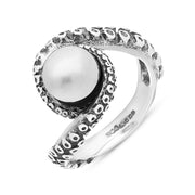 9ct White Gold Freshwater Pearl Bead Twist Tentacle Ring, R1185.