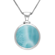 9ct White Gold Whitby Jet Larimar Double Sided Round Dinky Fob Necklace, P218.