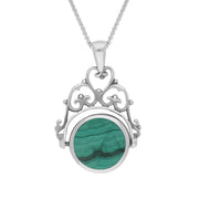 9ct White Gold Whitby Jet Malachite Double Sided Round Swivel Fob Necklace, P110_2.