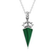 9ct White Gold Whitby Jet Malachite Double Sided Scroll Top Dagger Fob Necklace, P423.