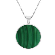 9ct White Gold Whitby Jet Malachite Large Double Sided Round Fob Necklace, P012.