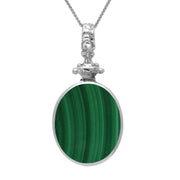 9ct White Gold Whitby Jet Malachite Double Sided Oval Fob Necklace, P100.