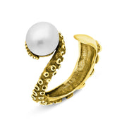 9ct Yellow Gold Freshwater Pearl Bead Swirl Tentacle Ring, R1184.