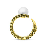 9ct Yellow Gold Freshwater Pearl Bead Swirl Tentacle Ring