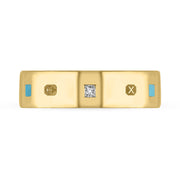 9ct Yellow Gold Turquoise 0.18ct Diamond Queen's Jubilee Hallmark Princess Cut 6mm Ring