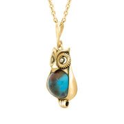 9ct Yellow Gold Turquoise Marcasite Small Owl Necklace