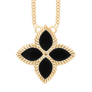 9ct Yellow Gold Whitby Jet Bloom Large Marquise Flower Necklace