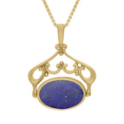 9ct Yellow Gold Whitby Jet Lapis Lazuli Ornate Double Sided Oval Swivel Fob Necklace, P116_8.