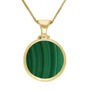 9ct Yellow Gold Whitby Jet Malachite Double Sided Round Dinky Fob Necklace, P218.