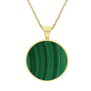 9ct Yellow Gold Whitby Jet Malachite Large Double Sided Round Fob Necklace, P012.