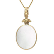 9ct Yellow Gold Whitby Jet White Mother Of Pearl Double Sided Oval Fob Necklace, P100.