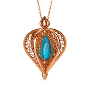 9ct Rose Gold Turquoise Flore Filigree Droplet Necklace, P2330C.