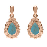 9ct Rose Gold Turquoise Pear Shaped Leaf Drop Earrings, E083.