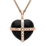 9ct Rose Gold Whitby Jet Pearl Nine Stone Medium Cross Heart Necklace, P2159.