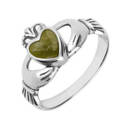 9ct White Gold Connemara Green Marble Claddagh Set Ring, R074