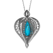 9ct White Gold Turquoise Flore Filigree Droplet Necklace, P2330C.