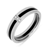 9ct White Gold Whitby Jet Diamond Inlaid Band Ring. R632.