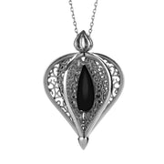 9ct White Gold Whitby Jet Flore Filigree Droplet Necklace, P2330C.