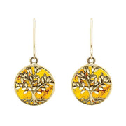 9ct Yellow Gold Amber Round Large Tree of Life Leaves Drop Earrings, E2427.