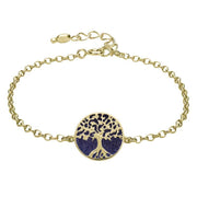 9ct Yellow Gold Blue Goldstone Round Tree of Life Chain Bracelet, B1140.