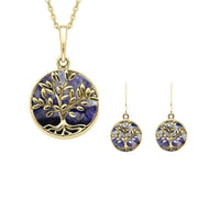 9ct Yellow Gold Blue John Round Large Leaves Tree of Life Two Piece Set, S062.
