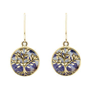 9ct Yellow Gold Blue John Round Large Tree of Life Leaves Drop Earrings, E2427.