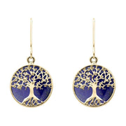 9ct Yellow Gold Lapis Lazuli Round Tree of Life Drop Earrings, E2429.
