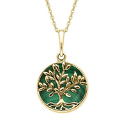 9ct Yellow Gold Malachite Small Round Large Leaves Tree of Life Necklace, P3340.