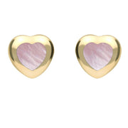 9ct Yellow Gold Pink Mother Of Pearl Framed Heart Stud Earrings. E432.