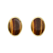 9ct Yellow Gold Tigers Eye 7 x 5mm Classic Small Oval Stud Earrings, E005.