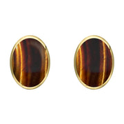 9ct Yellow Gold Tigers Eye 8 x 10mm Classic Large Oval Stud Earrings, E007.
