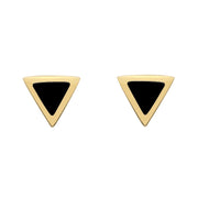 9ct Yellow Gold Whitby Jet Dinky Triangle Stud Earrings. E035.