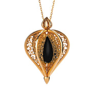 9ct Yellow Gold Whitby Jet Flore Filigree Droplet Necklace, P2330C.