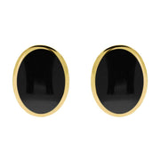 9ct Yellow Gold Whitby Jet Oval Flat Omega Stud Earrings. E084.