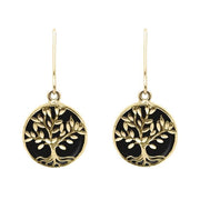 9ct Yellow Gold Whitby Jet Round Large Tree of Life Leaves Drop Earrings, E2427.