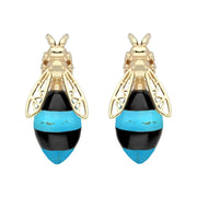  9ct Yellow Gold Whitby Jet Turquoise Bee Stud Earrings, E2424.