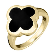 9ct Yellow Gold Whitby Jet Bloom Four Leaf Clover Ring, R1182.