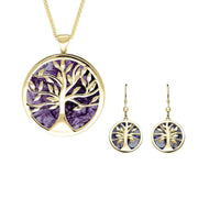 9ct Yellow Gold Blue John Large Round Tree of Life Two Piece Set S063