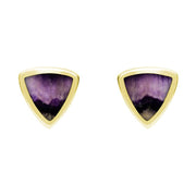 9ct Yellow Gold Blue John Small Curved Triangle Stud Earrings. E061. 