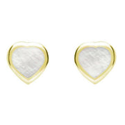 9ct Yellow Gold Mother Of Pearl Small Framed Heart Stud Earrings. E763.