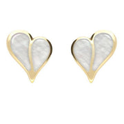 9ct Yellow Gold Mother of Pearl Split Heart Stud Earrings. E364.